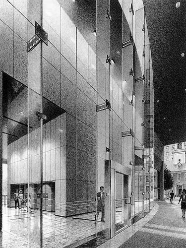 28 State Street, Washington Ct Lobby, Boston – black and white architectural illustration rendering