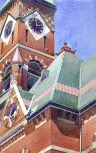 Abbot Hall, 2PM - en plein air watercolor painting of building and architecture by Frank Costantino