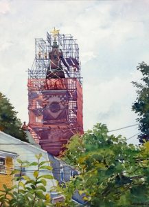 Abbot Hall Enwrapped - en plein air watercolor landscape building painting by Frank Costantino
