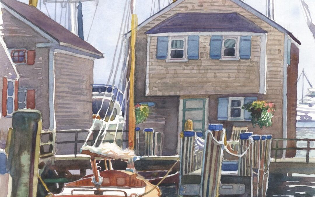 Awaiting a Row- Ketcham's Canoe - en plein air watercolor seascape maritime painting by Frank Costantino
