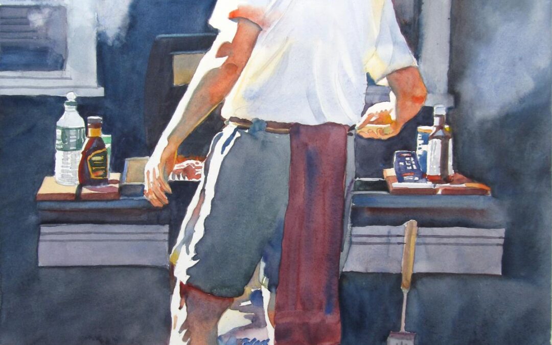 Blessed Brother Bills BBQ - watercolor figure painting by Frank Costantino