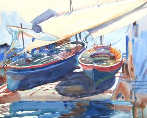 Boat Duet Drawn Up- After Sargent - watercolor maritime painting of boats by Frank Costantino