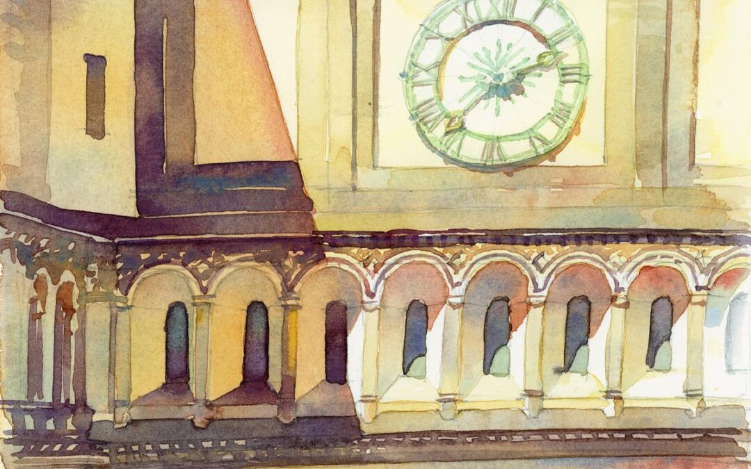 Bridge Clock, Sunny Afternoon - en plein air watercolor landscape painting by Frank Costantino