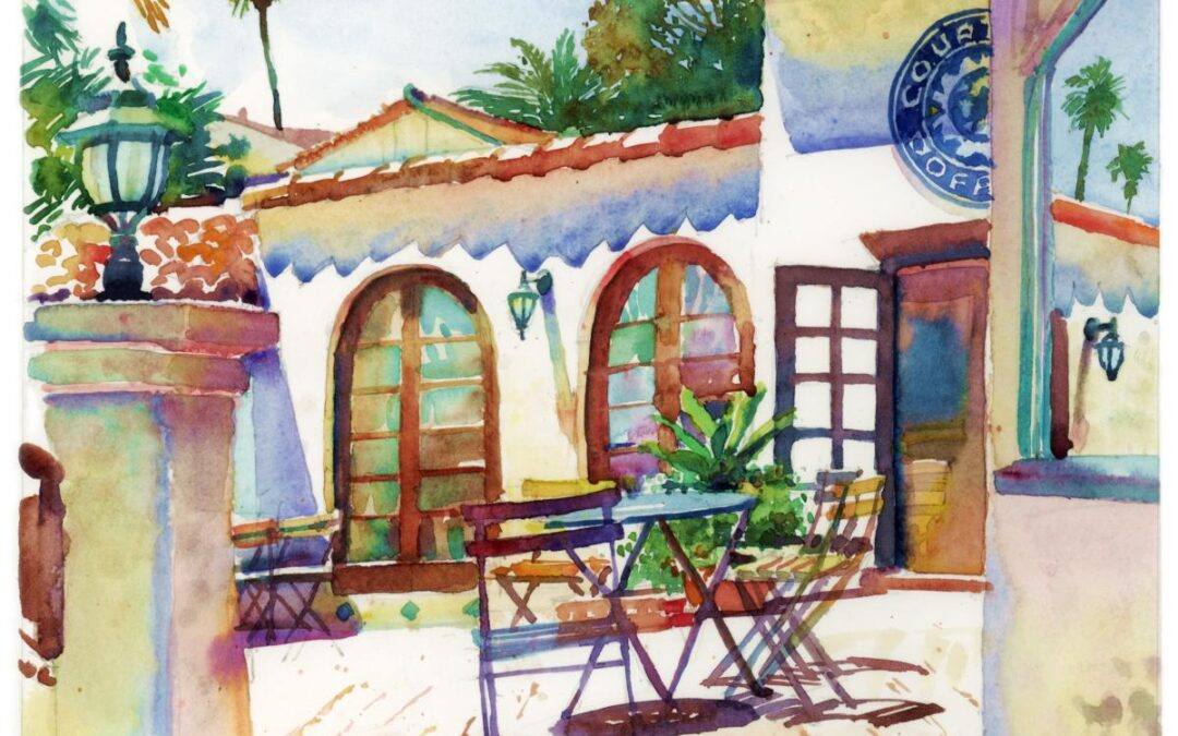 Courtyard Cafe - watercolor landscape painting by Frank Costantino