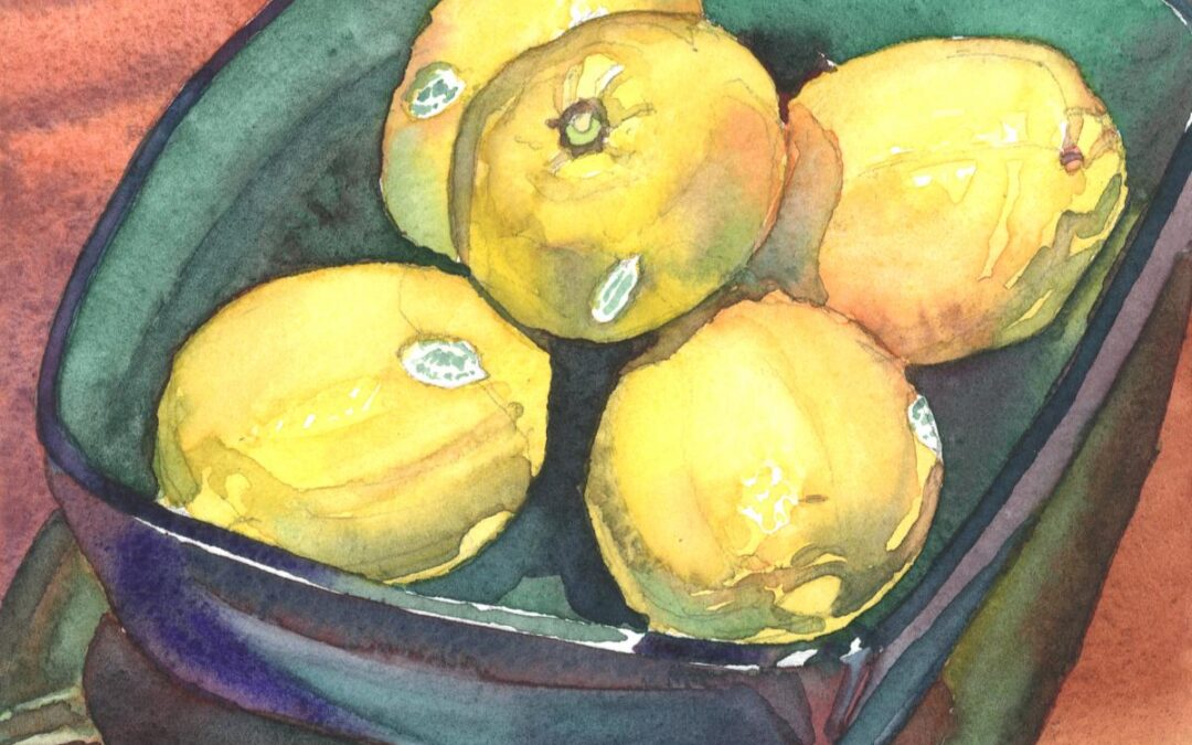 Jade Lemon Bowl – watercolor still life painting