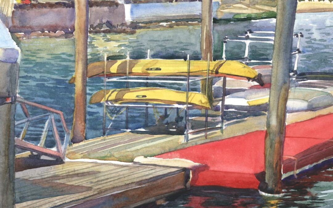 Kayaks Off the Carpet - en plein air watercolor seascape painting with boats by Frank Costantino