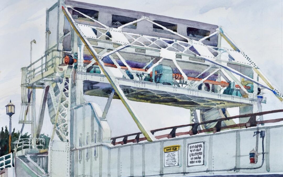 Knapp Narrows Transit – en plein air watercolor landscape painting of bridge