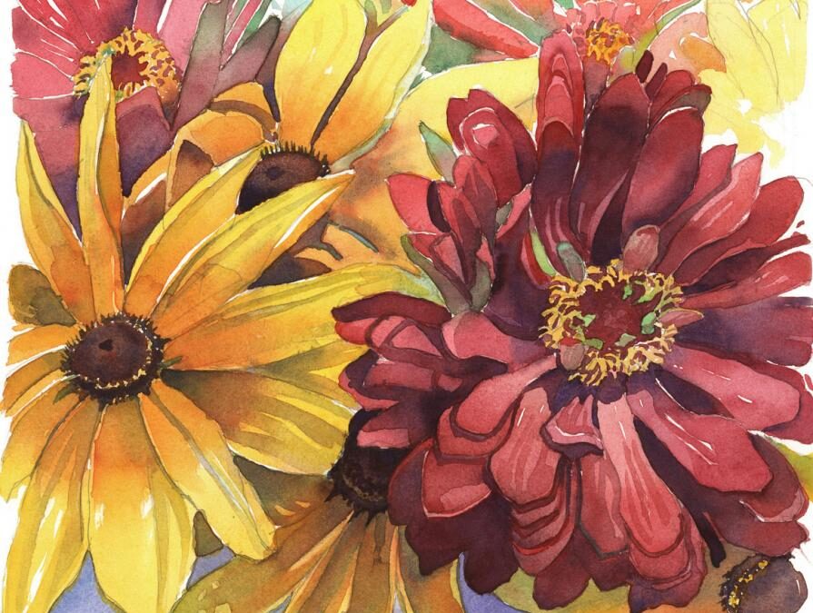 Meditation on Magenta- Zinnia & Sunflower – watercolor floral painting