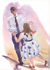 Mum & Son Holliday - watercolor painting commission of figures dancing by Frank Costantino