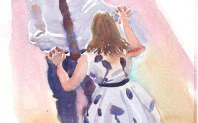 Mum & Son Holliday – watercolor painting commission of figures dancing