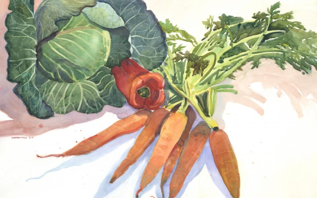 Orange, Red & Green Garden Bounty - watercolor still life painting by Frank Costantino