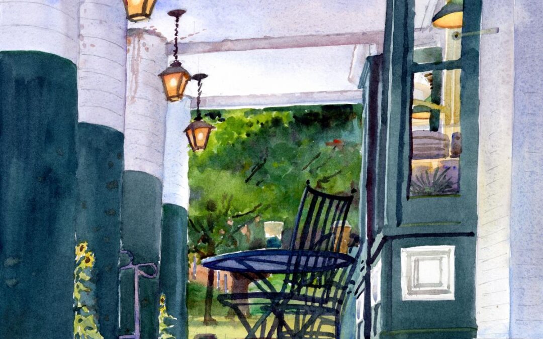 Pickin' Up Lunch- Powers Market - en plein air watercolor landscape building painting by Frank Costantino