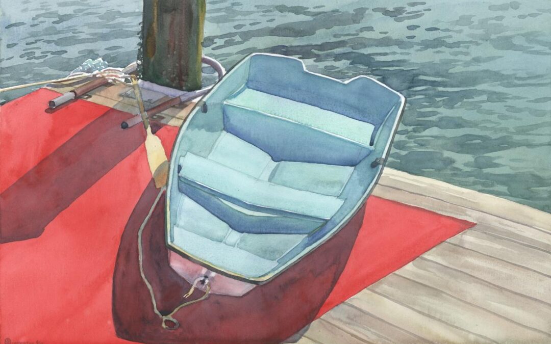 Piered Tender - watercolor maritime painting of boat and water by Frank Costantino