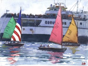 Sail Colors Amidst The Blue - watercolor seascape sail boat painting by Frank CostantinoSail Colors Amidst The Blue - watercolor seascape sail boat painting by Frank Costantino
