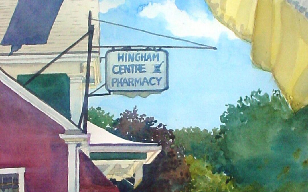 Saturday’s Shadow- Centre Pharmacy – en plein air watercolor landscape building painting by Frank Costantino