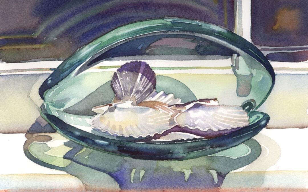 Shimmering Shells on Shelf – watercolor still life painting with sea shells