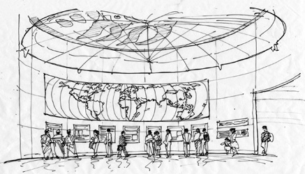US Peace Institute hall sketch - black and white architectural illustration rendering by Frank Costantino