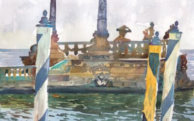 Vizcaya Ventian Barge – en plein air watercolor landscape painting