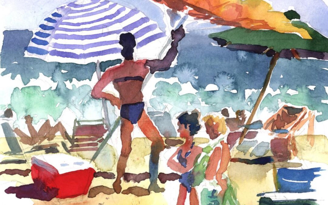 Windblown on Surfside – en plein air watercolor seascape beach scene painting by Frank Costantino.