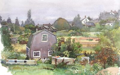 Monhegan Island Cottage – en plein air watercolor landscape painting by Frank Costantino