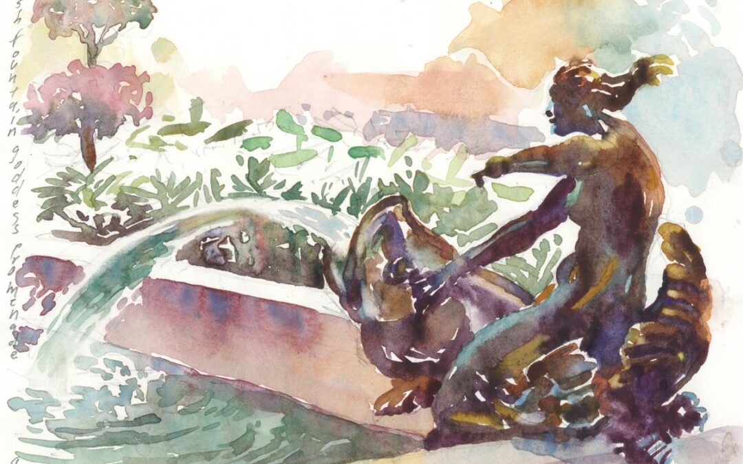 5th Ave Mermaid - watercolor painting of sculpture by Frank Costantino