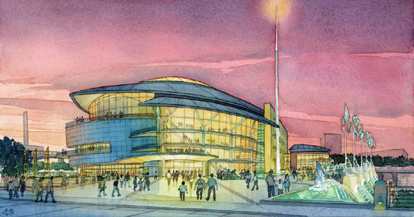 Aquarium Proposal, Houston - watercolor architectural illustration rendering by Frank Costantino