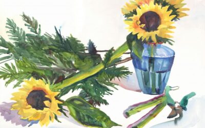 Arrangement in Green, Yellow & Blue – watercolor floral painting