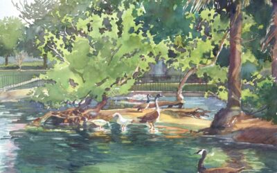 Bird’s Little Acre – en plein air watercolor painting of geese on the water by Frank Costantino