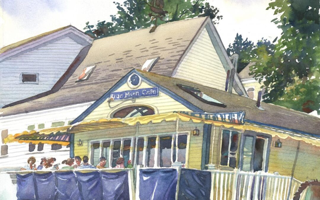 Blue Moon Cafe – en plein air watercolor landscape building painting