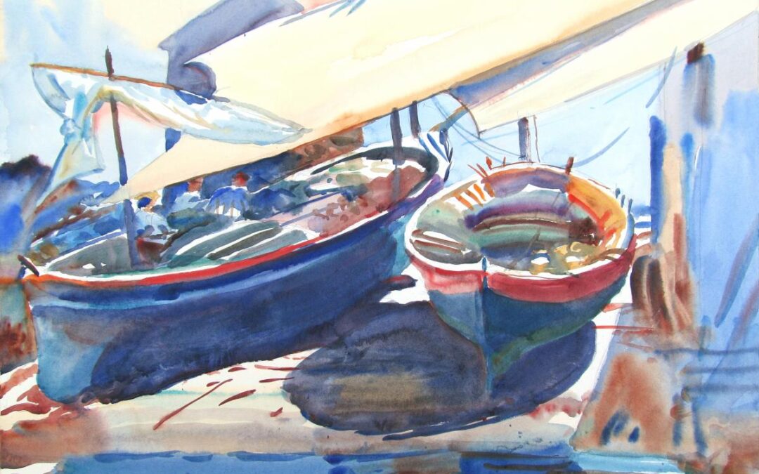 Boat Duet Drawn Up- After Sargent - watercolor maritime painting of boats by Frank Costantino