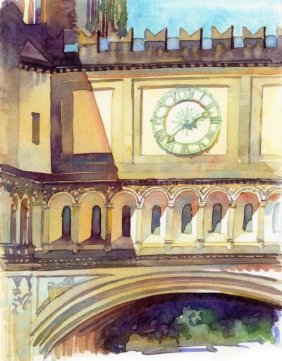 Bridge Clock, Sunny Afternoon - en plein air watercolor landscape painting by Frank Costantino