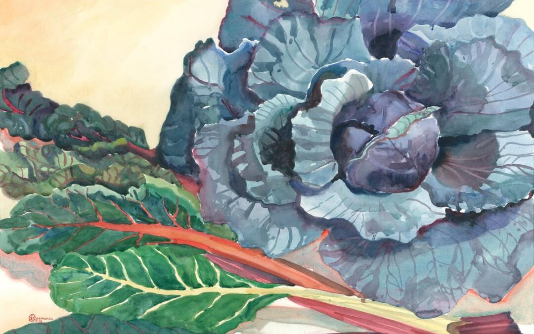 Color Concerto in Cabbage & Swiss Chard - watercolor still life painting by Frank Costantino