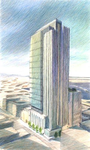 Washington Mutual Tower, Seattle, WA – colored pencil architectural illustration rendering