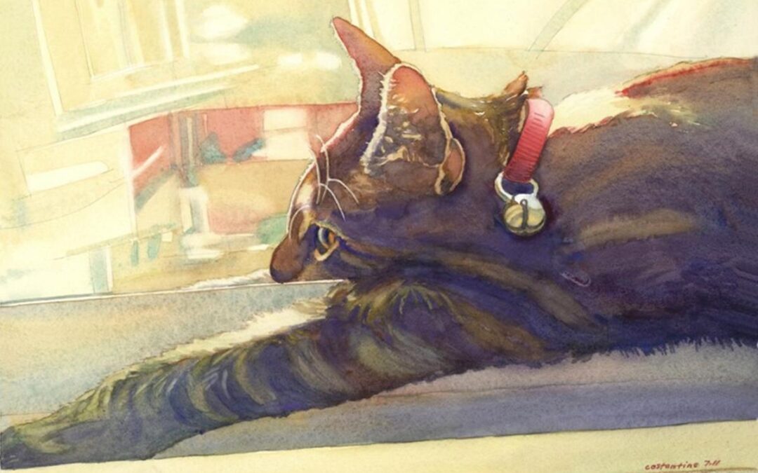 Doris- Lounge Lizard - watercolor painting of a cat by Frank Costantino
