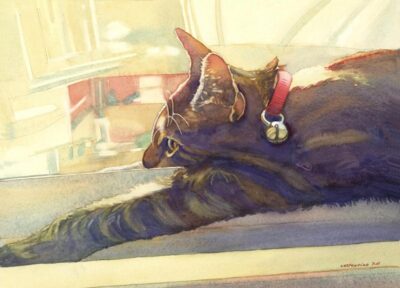 Doris- Lounge Lizard - watercolor painting of a cat by Frank Costantino