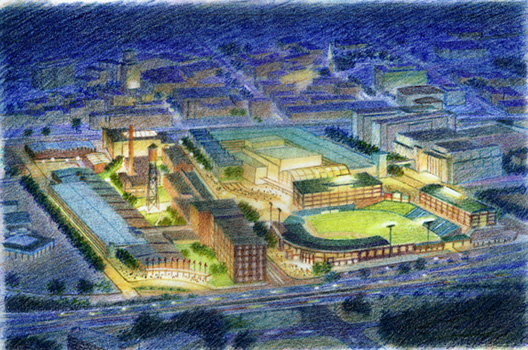 Durham Master Plan, North Carolina -colored pencil architectural illustration rendering by Frank Costantino