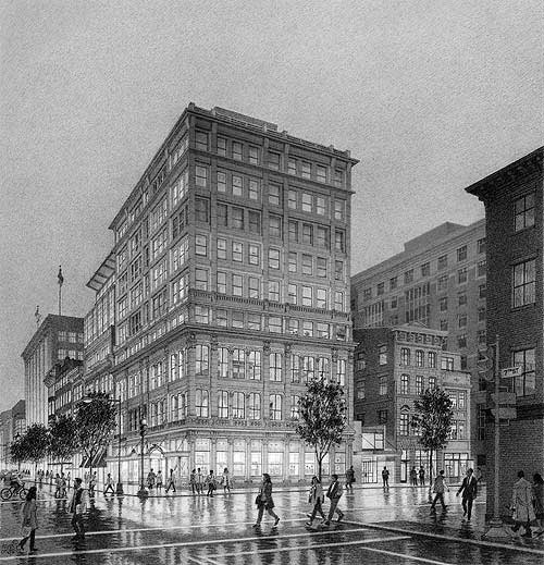 E Street Residences, Washington D.C. - black and white architectural illustration rendering by Frank Costantino