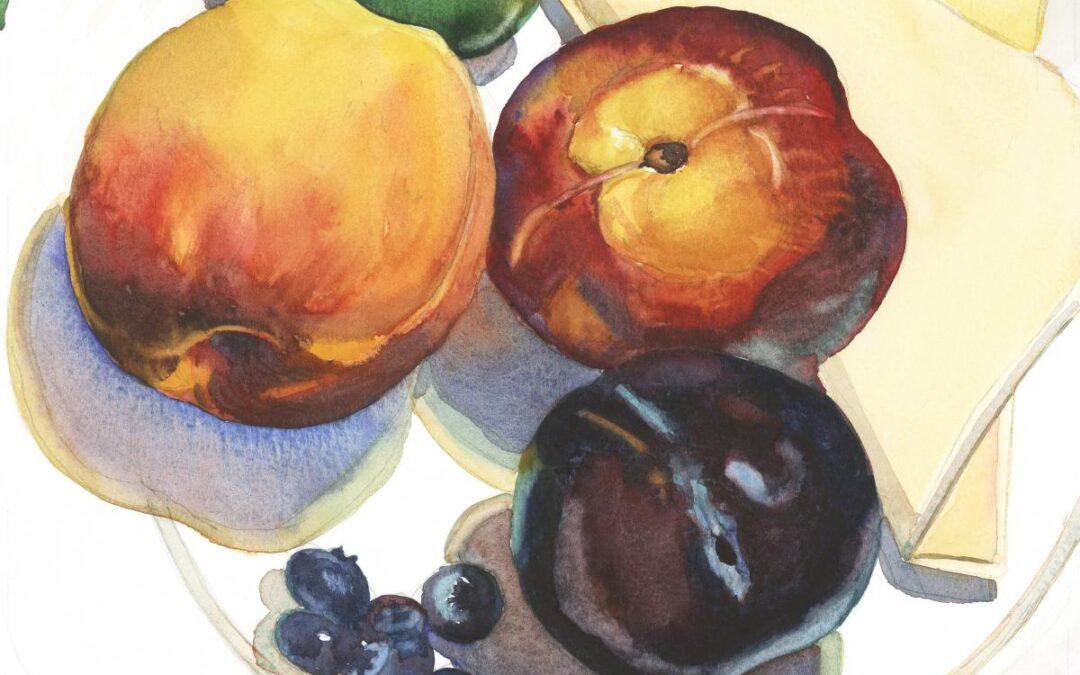 A deliberate, controlled exercise in detail and finesse of fruit surfaces, each of the colors, values, and textures of one fruit was completed in one sequence of brushwork.