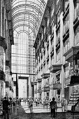 Fan Pier Galleria Proposal, Boston – black and white architectural illustration rendering