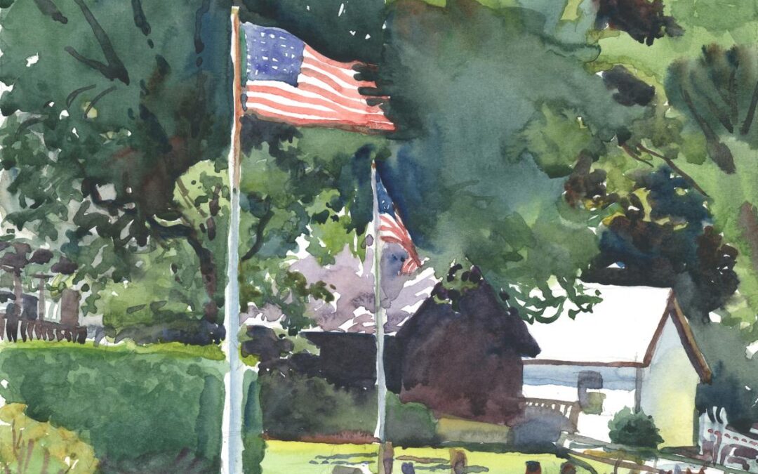 Flags Along Donovan Beach - en plein air watercolor seascape painting by Frank Costantino