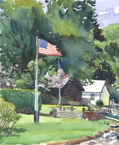 Flags Along Donovan Beach - en plein air watercolor seascape painting by Frank Costantino