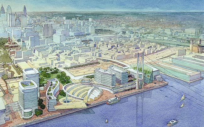 Founders Square at Penn's Landing, Philadelphia, PA - watercolor architectural illustration rendering by Frank Costantino