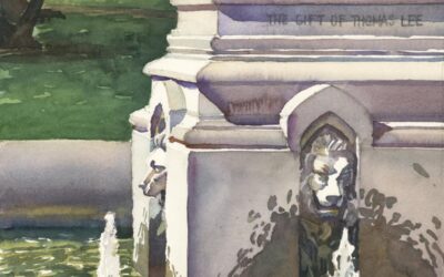 Fountain Lions -watercolor painting of sculpture