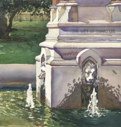 Fountain Lions -watercolor painting of sculpture by Frank Costantino