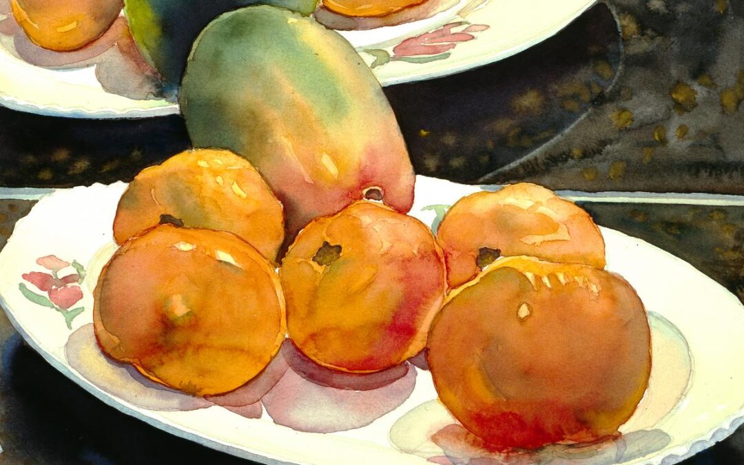 Garden Fruit Reflected - watercolor still life painting by Frank Costantino