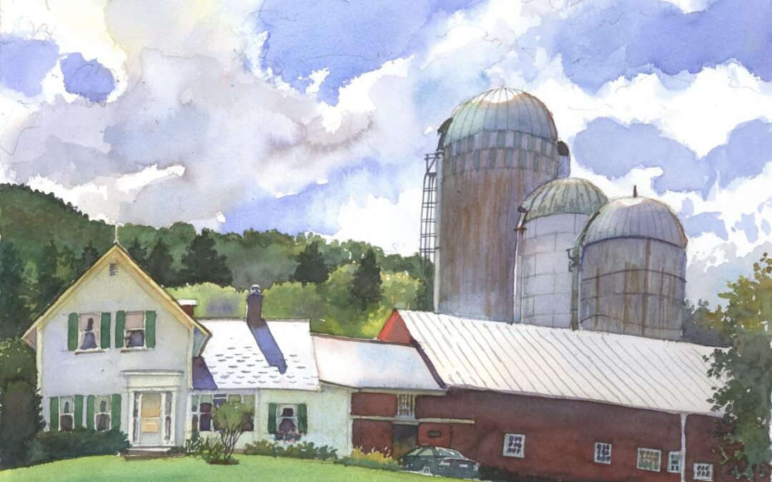 Glady's Walker's Farm - en plein air watercolor landscape building painting by Frank Costantino