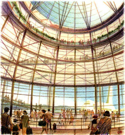 Hanada Airport Competition, Nagoya, Japan – Hanada Airport, Nagoya Japan – colored pencil architectural illustration rendering sketch