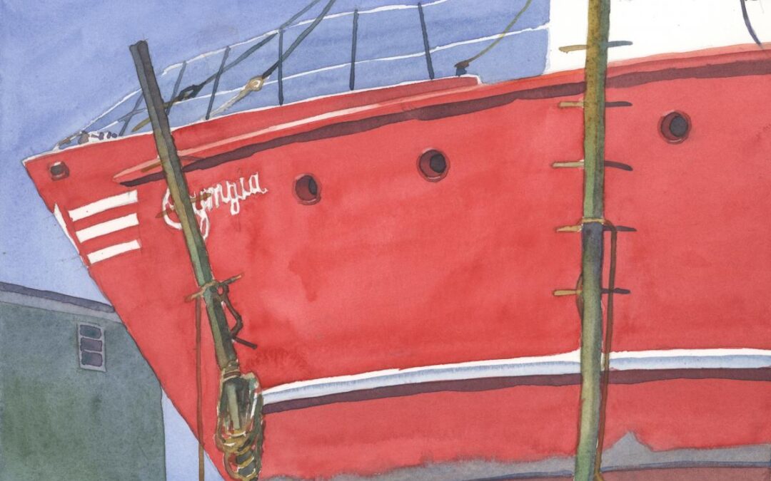High & Dry Docked – en plein air watercolor painting of boat in drydock