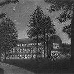 Seiji Ozawa Concert Shed, Tanglewood, MA - black and white pencil architectural illustration rendering by Frank Costatino