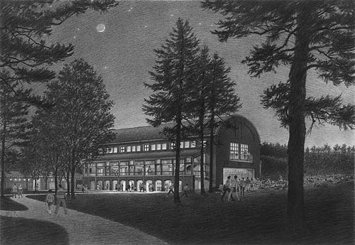 Seiji Ozawa Concert Shed, Tanglewood, MA – black and white architectural illustration rendering